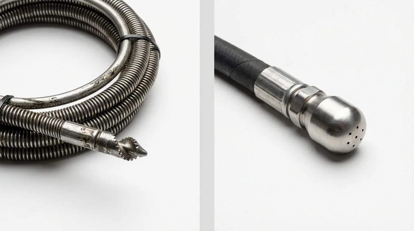 Drain snake cable and hydro jetting nozzle used for drain cleaning in Lisbon, ME