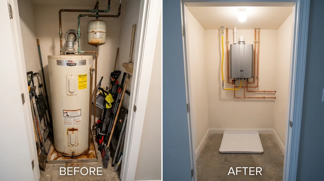 Tank water heater versus wall-mounted tankless unit comparison for Lisbon, ME homeowners