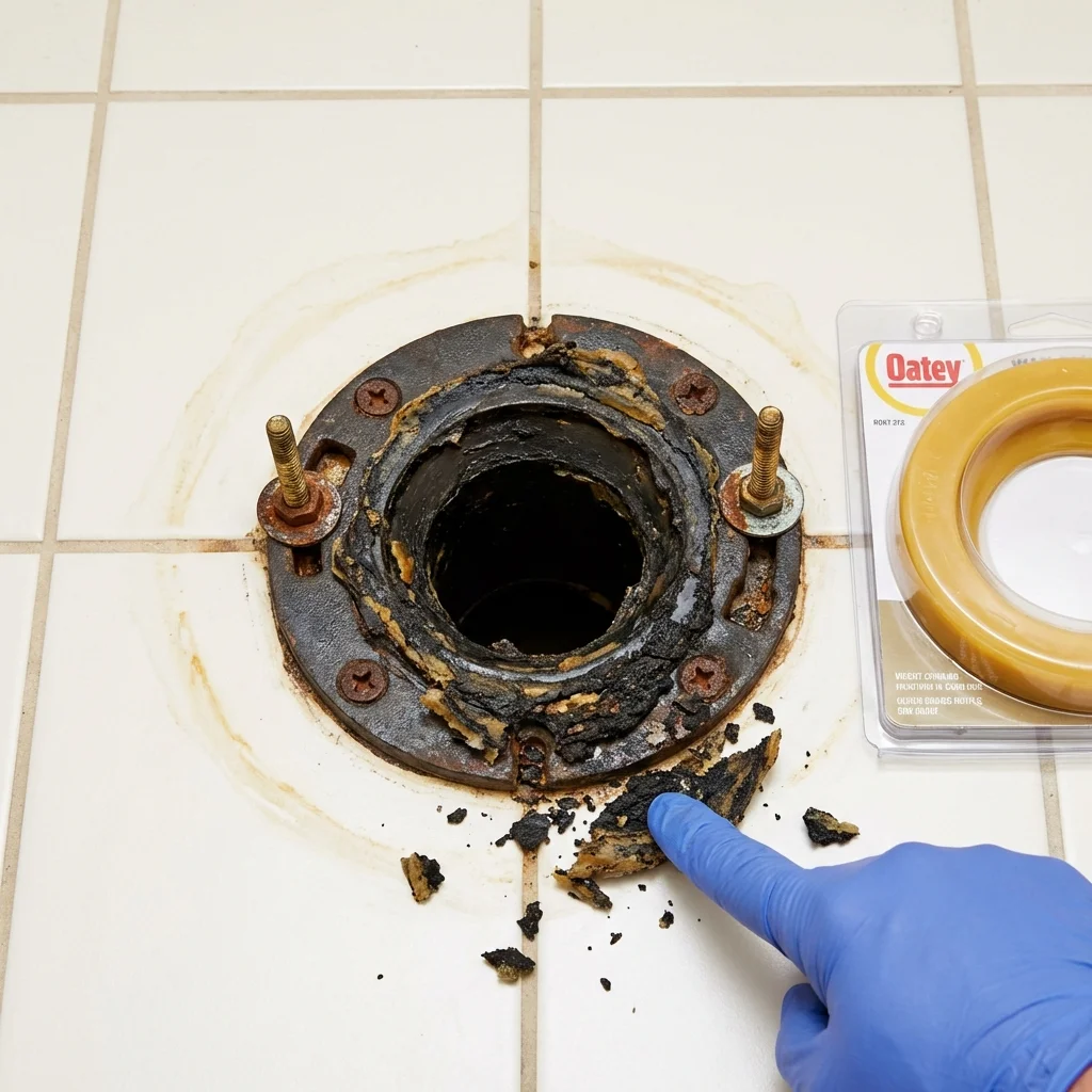 Failed wax ring showing water seepage at the base of a toilet in a Lisbon, ME home