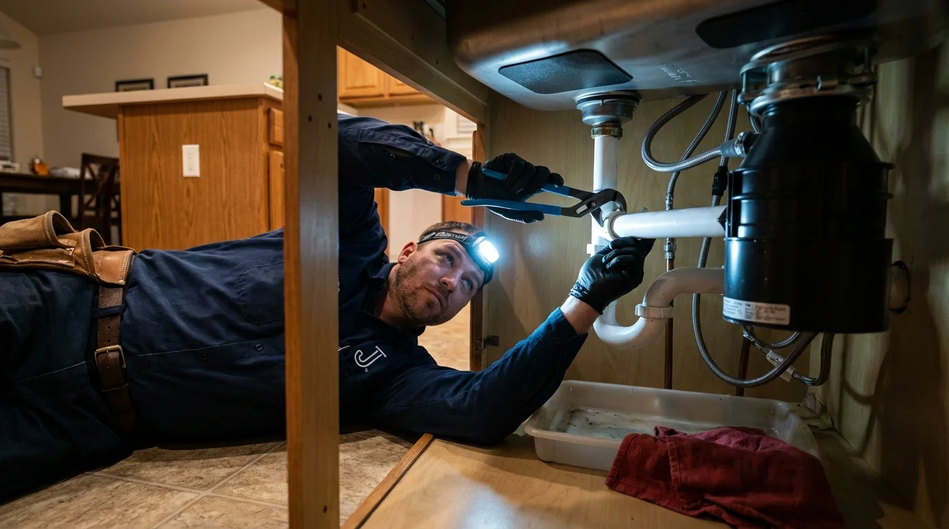 P-trap and supply line connections under a kitchen sink showing a common leak point in Lisbon, ME